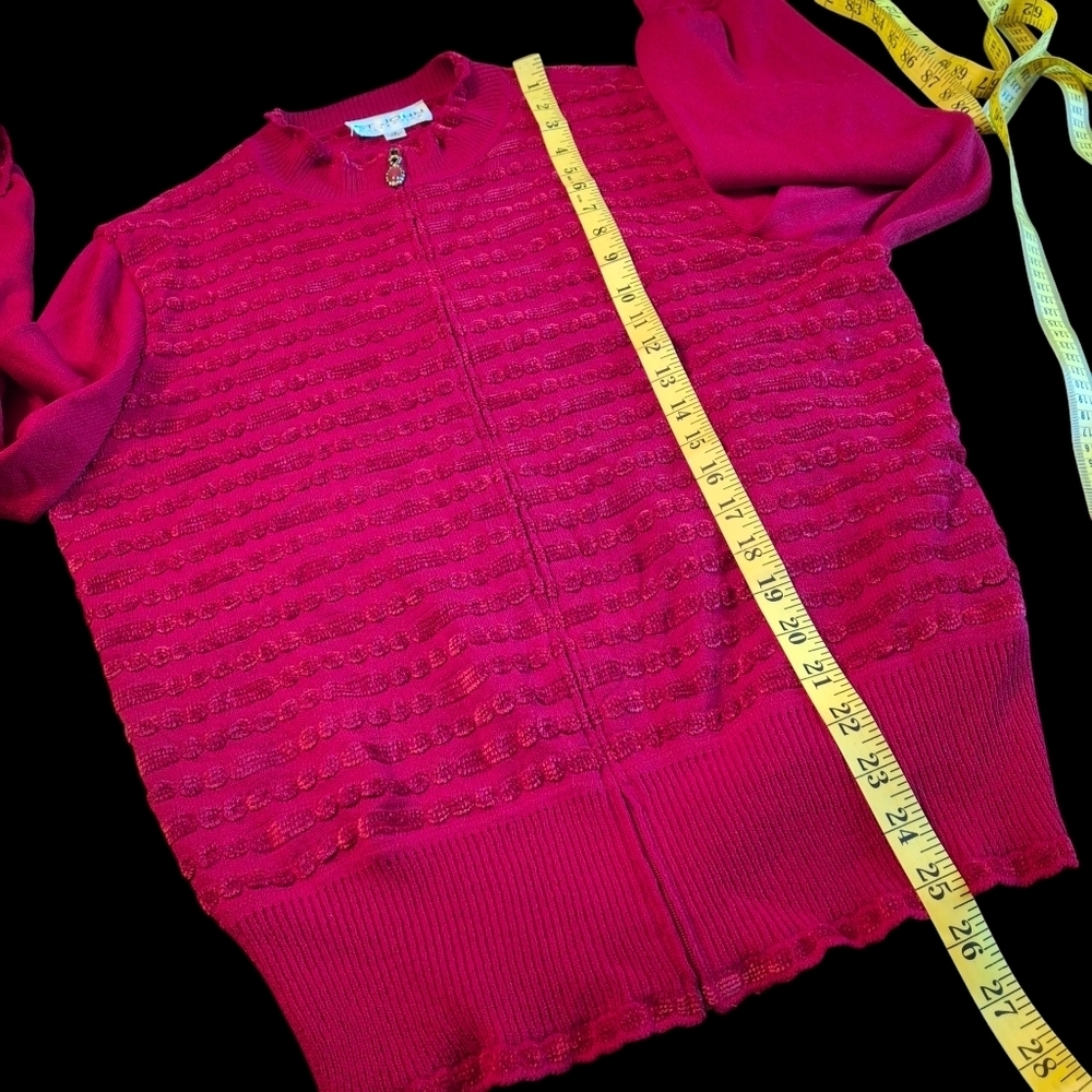 St. John Collection Red Knit Full Zip Long Sleeve Cardigan Sweater Women Size 14 - Picture 14 of 16